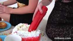 Kinky lesbians fill up their big butts with whipped cream and ejaculate it out